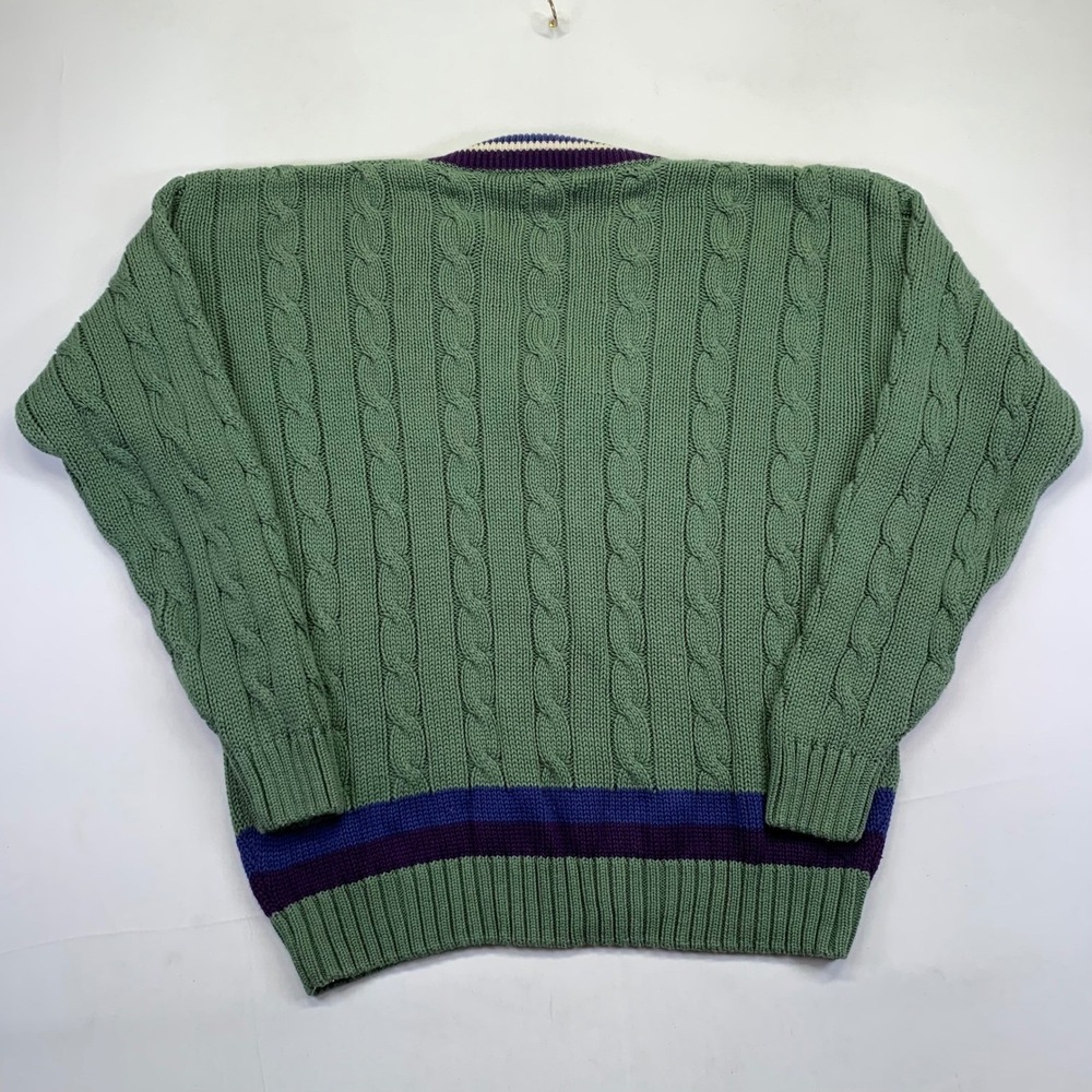 Vintage B.D. Baggies Cable Knit Sweater L/XL? V Neck Green Pullover Striped - Picture 4 of 9